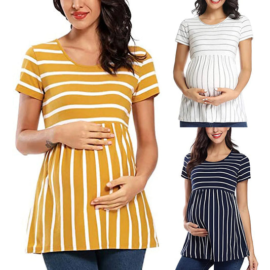 Fashion Solid Stripe Tops Pregnant Blouse Summer