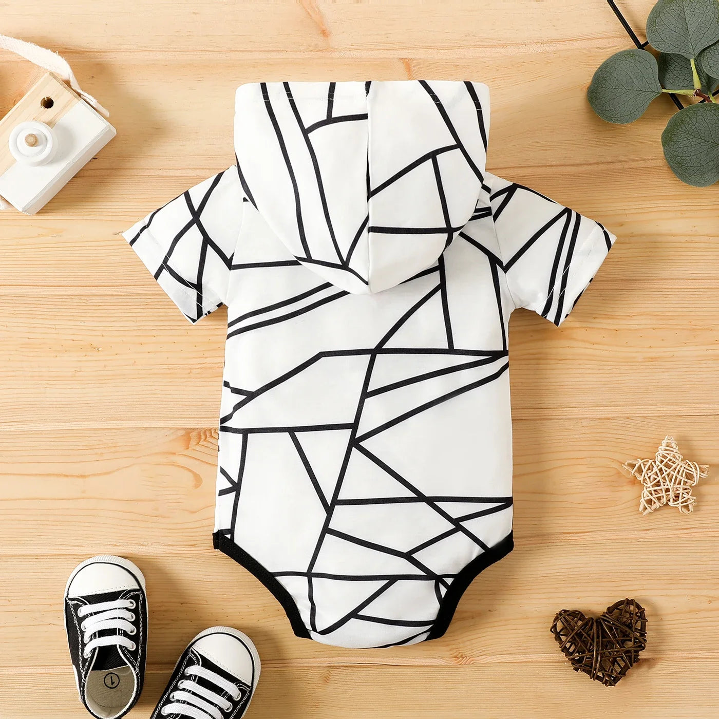 PatPat Badge Detail Allover Geo Print Hooded Romper